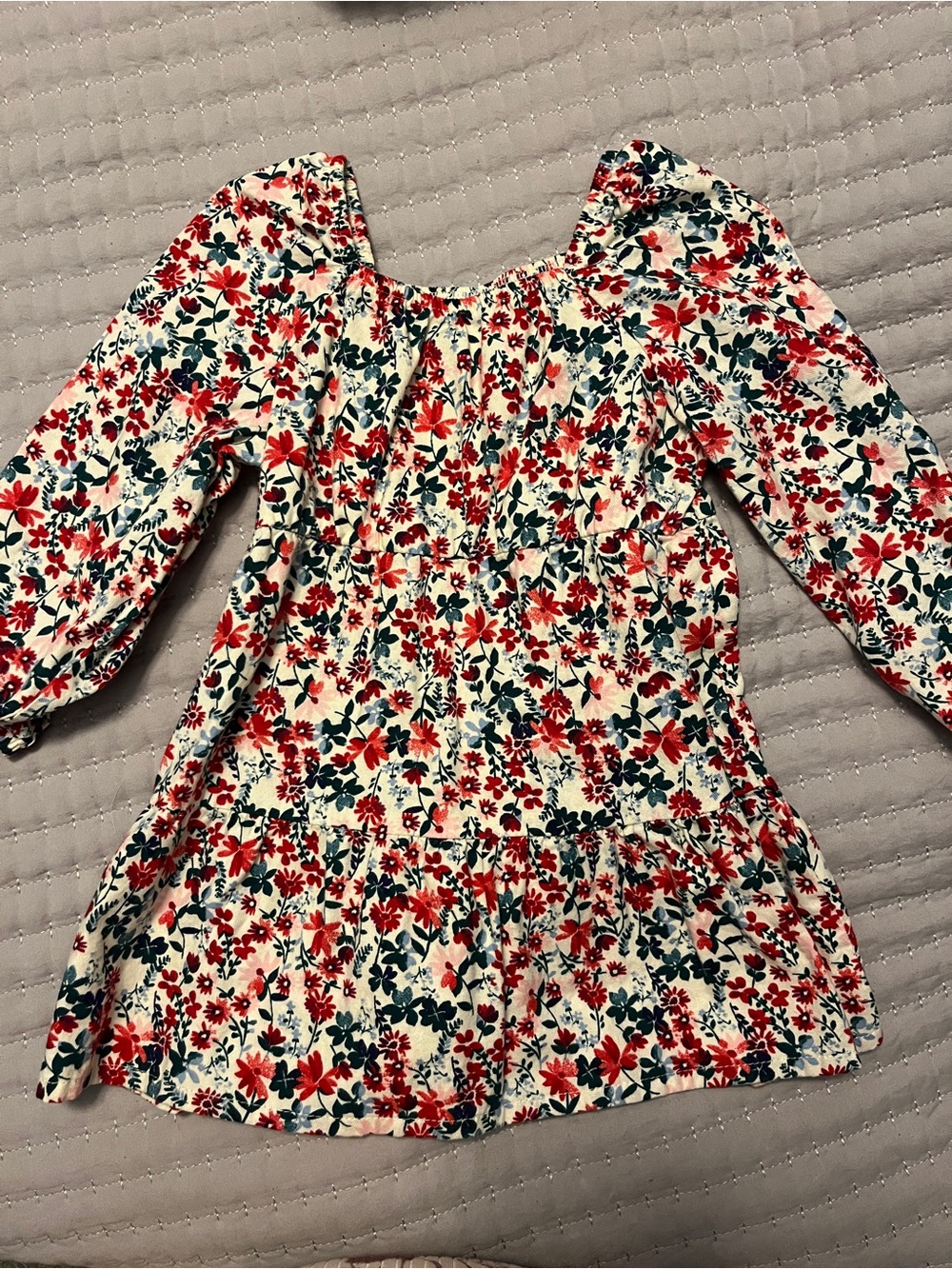 wonder nation Cream Floral Smocked Long-Sleeve Dress with Red & Green Print